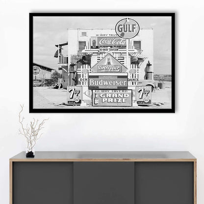 Advertising Sign Black and White Art Gas Station and Restaurant, Framed Art Print Wall Decor
