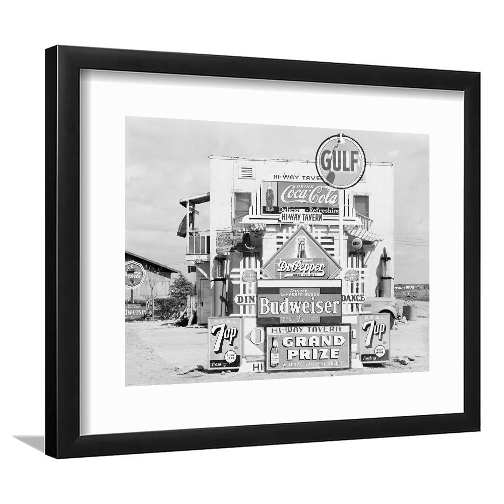Advertising Sign Black and White Art Gas Station and Restaurant, Framed Art Print White Border Wall Decor