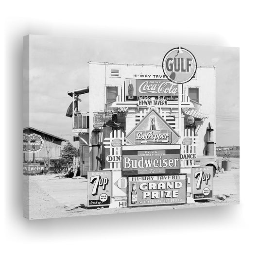 Advertising Sign Black and White Art Gas Station and Restaurant, Canvas Print Wall Art Decor