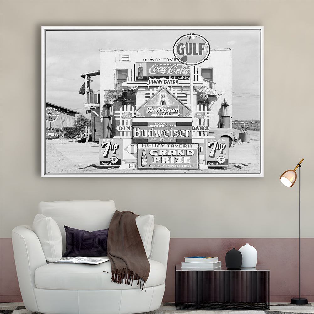 Advertising Sign Black and White Art Gas Station and Restaurant, Floating Framed Canvas Print