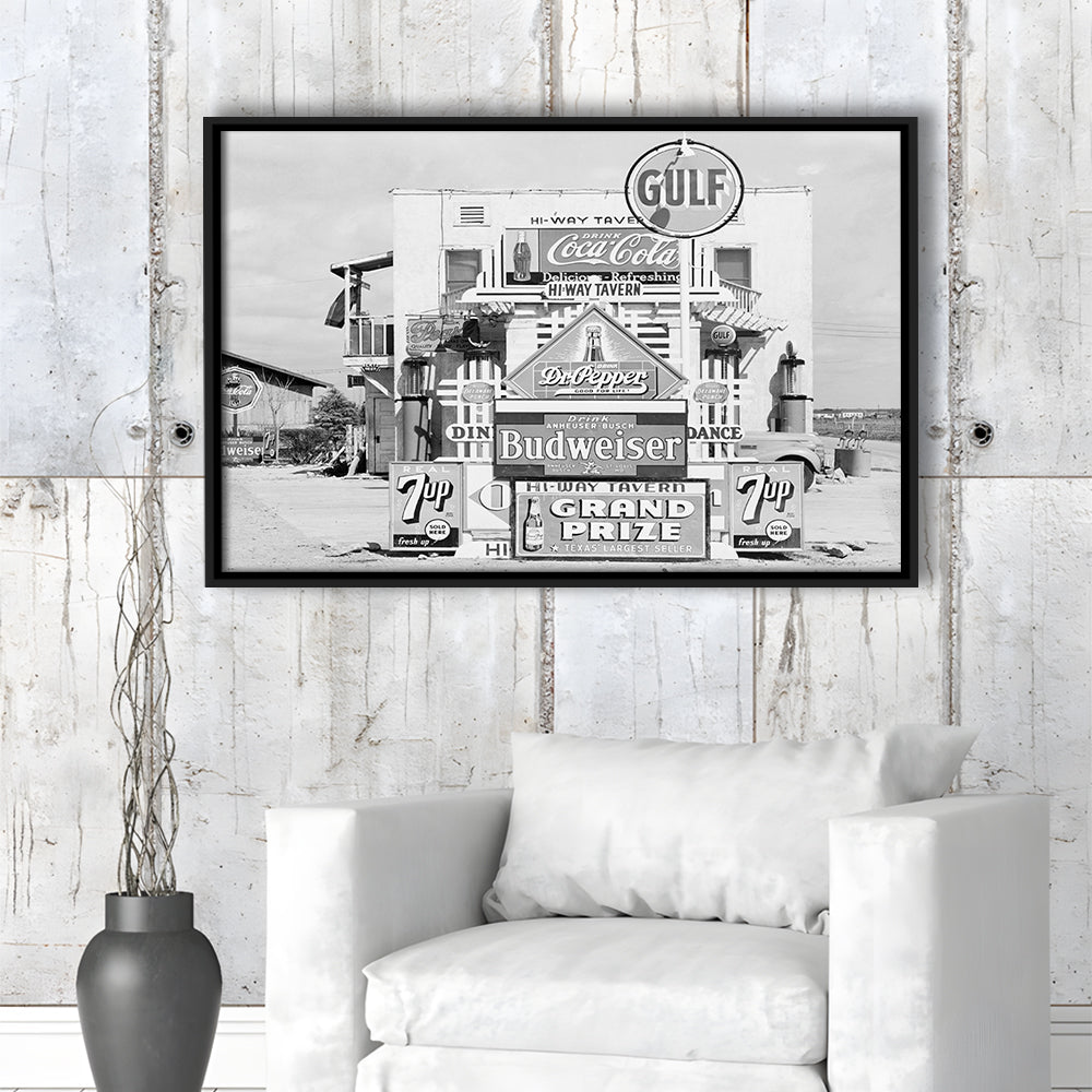 Advertising Sign Black and White Art Gas Station and Restaurant, Floating Framed Canvas Print