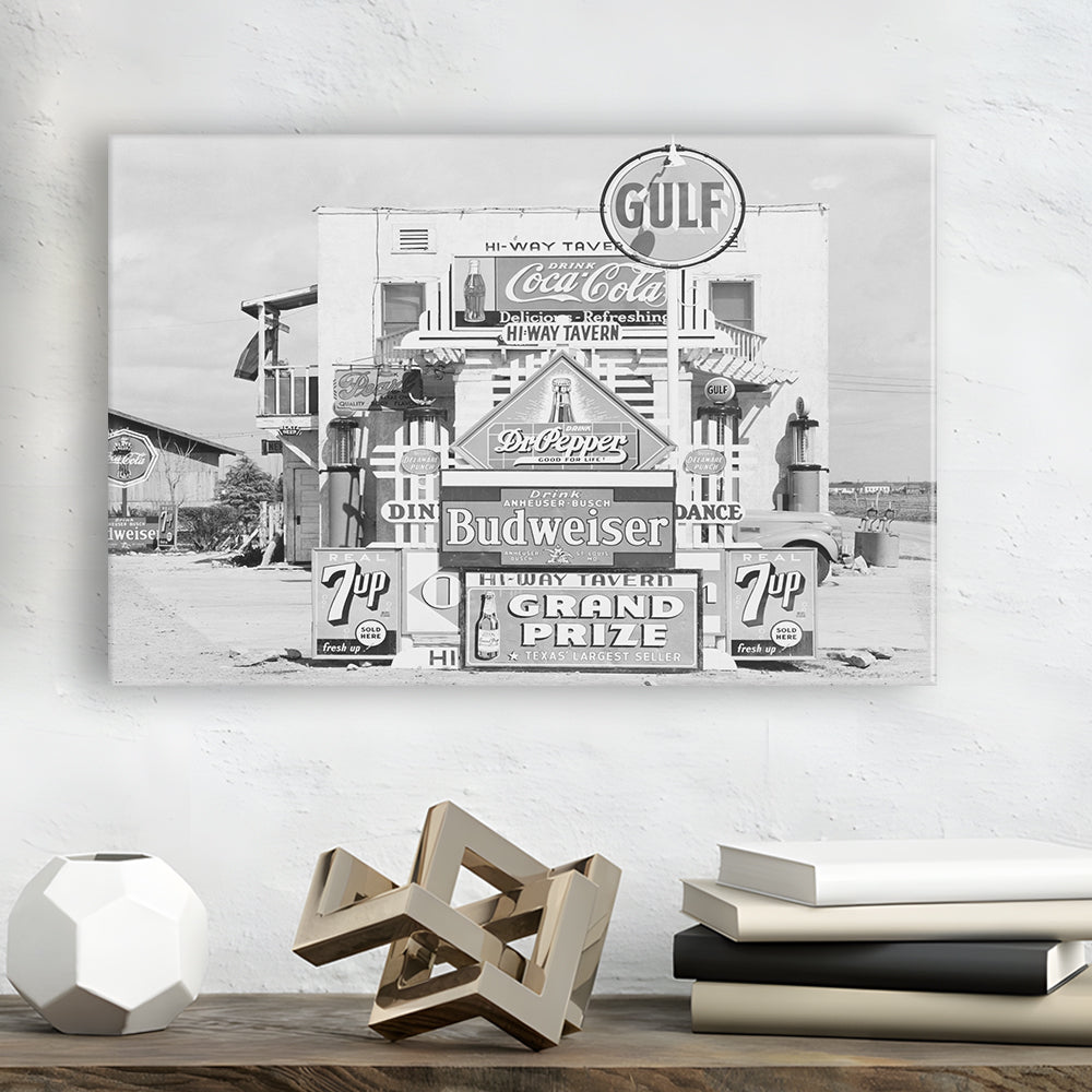Advertising Sign Black and White Art Gas Station and Restaurant, Canvas Print Wall Art Decor