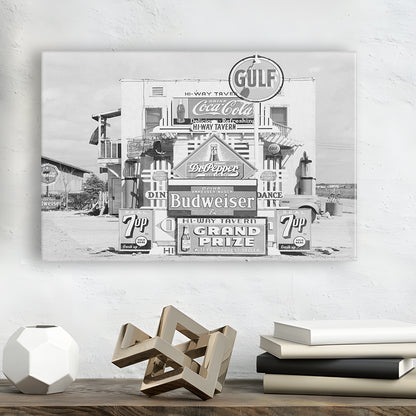 Advertising Sign Black and White Art Gas Station and Restaurant, Canvas Print Wall Art Decor