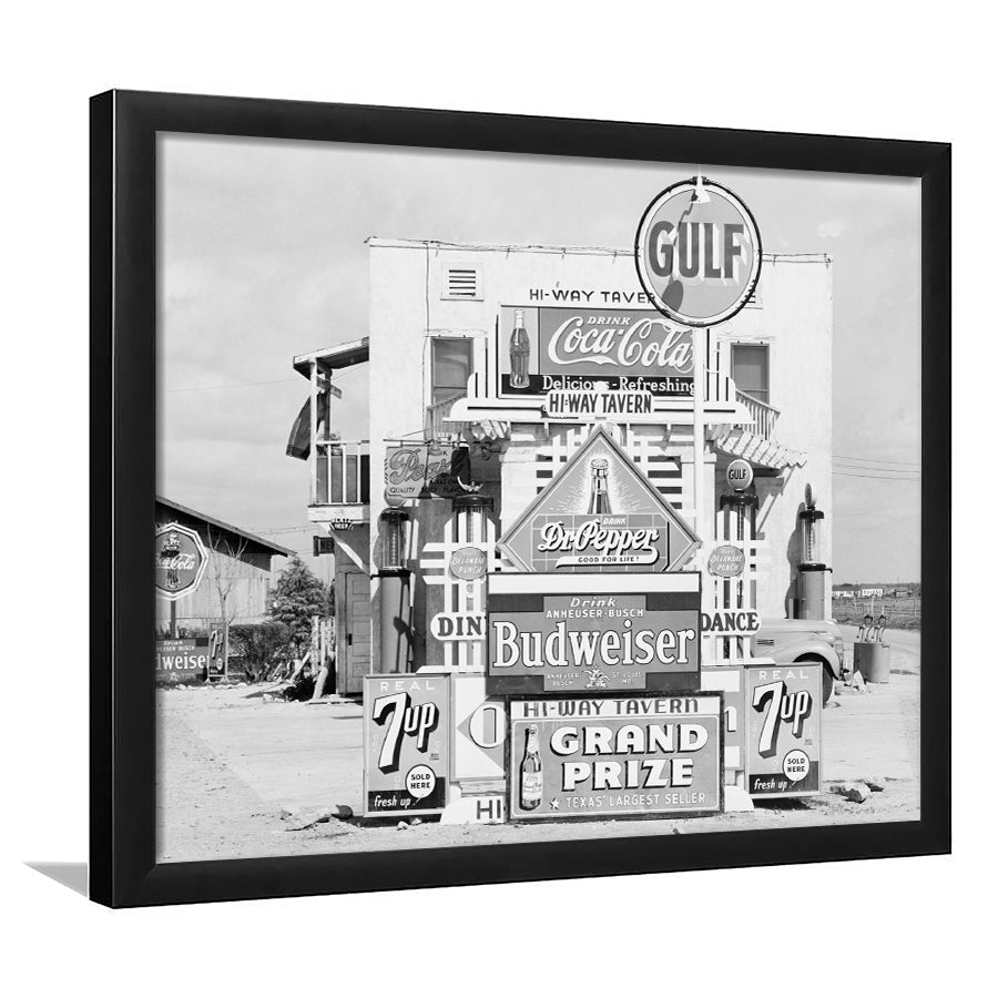 Advertising Sign Black and White Art Gas Station and Restaurant, Framed Art Print Wall Decor