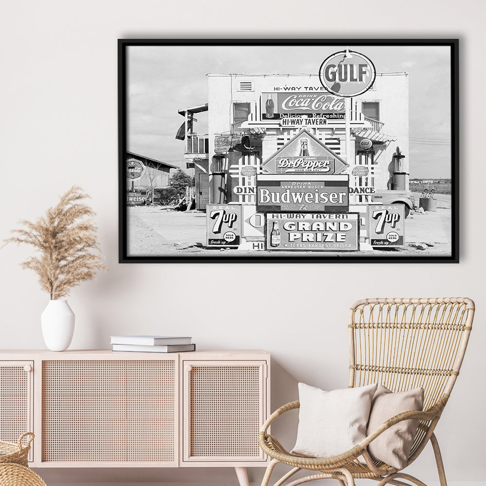 Advertising Sign Black and White Art Gas Station and Restaurant, Floating Framed Canvas Print