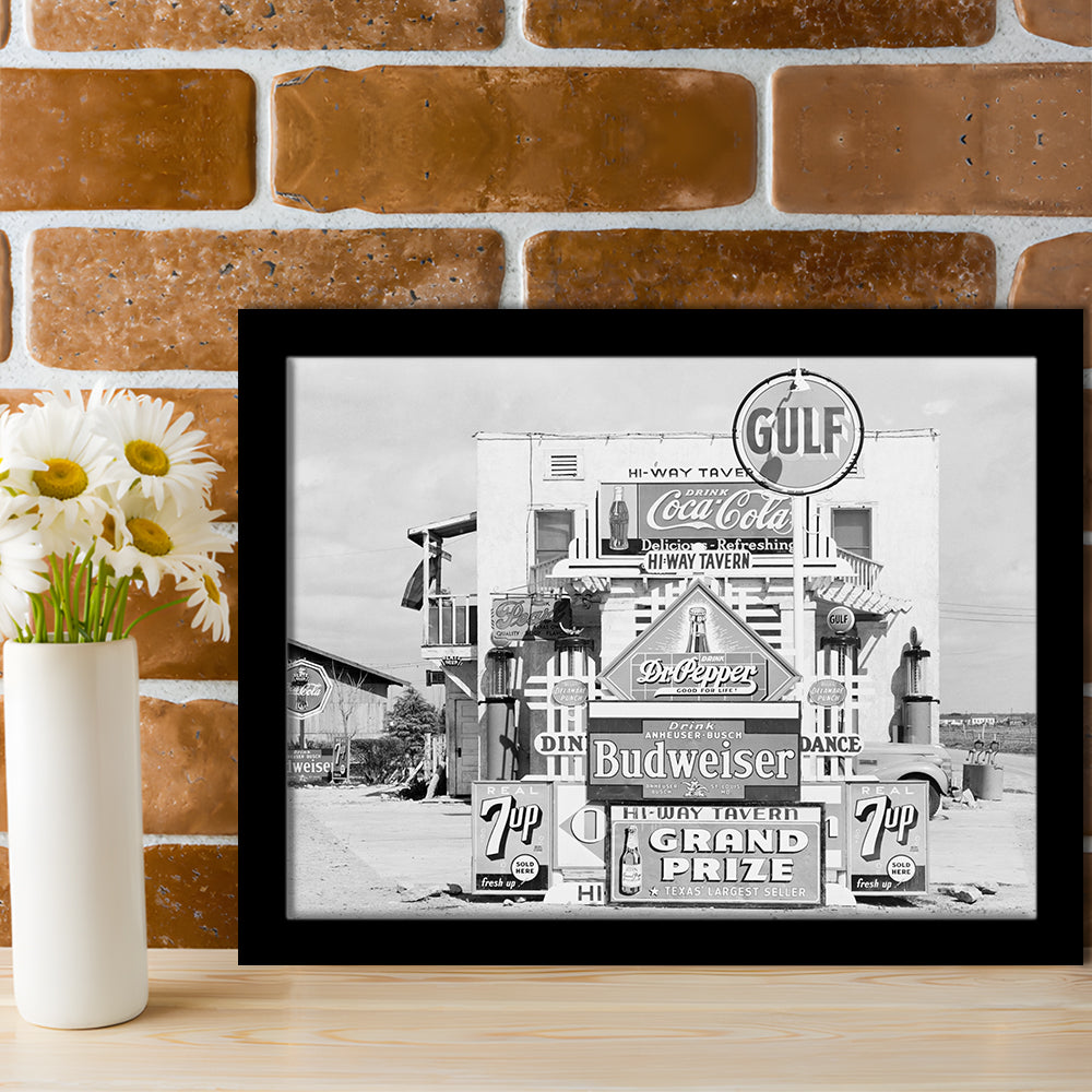 Advertising Sign Black and White Art Gas Station and Restaurant, Framed Art Print Wall Decor