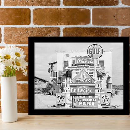 Advertising Sign Black and White Art Gas Station and Restaurant, Framed Art Print Wall Decor