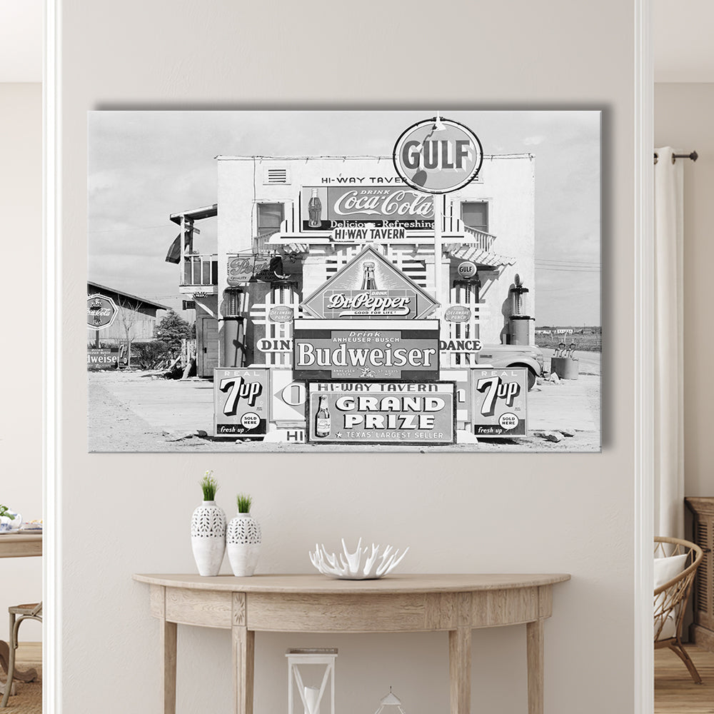 Advertising Sign Black and White Art Gas Station and Restaurant, Canvas Print Wall Art Decor