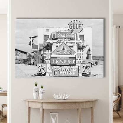 Advertising Sign Black and White Art Gas Station and Restaurant, Canvas Print Wall Art Decor