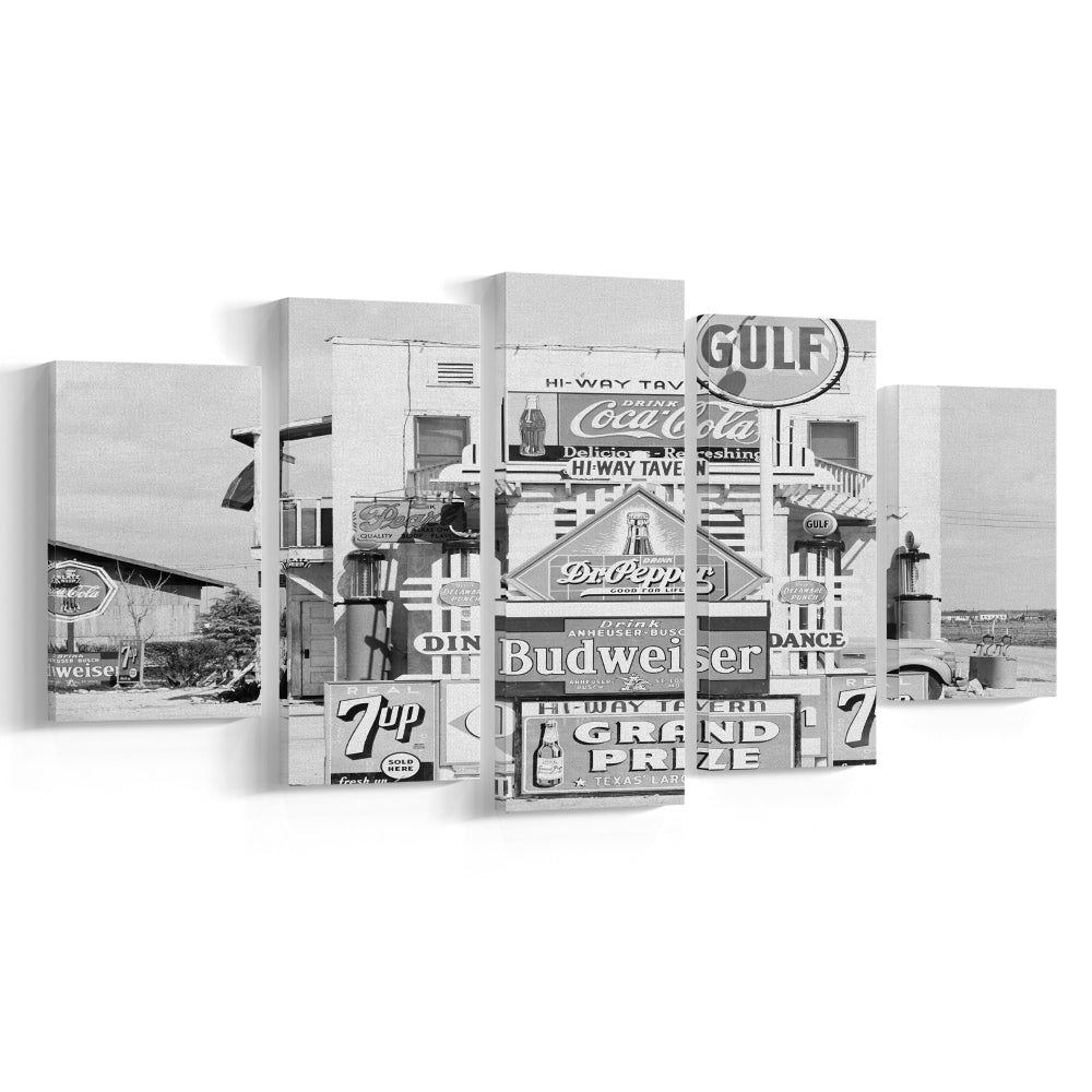 Advertising Sign Black and White Art Gas Station and Restaurant, Mixed 5 Pieces Canvas Print