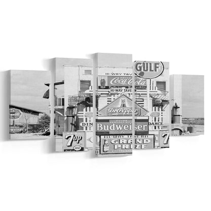Advertising Sign Black and White Art Gas Station and Restaurant, Mixed 5 Pieces Canvas Print
