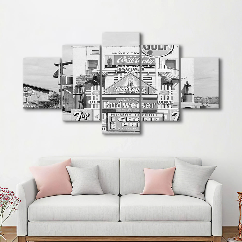 Advertising Sign Black and White Art Gas Station and Restaurant, Mixed 5 Pieces Canvas Print
