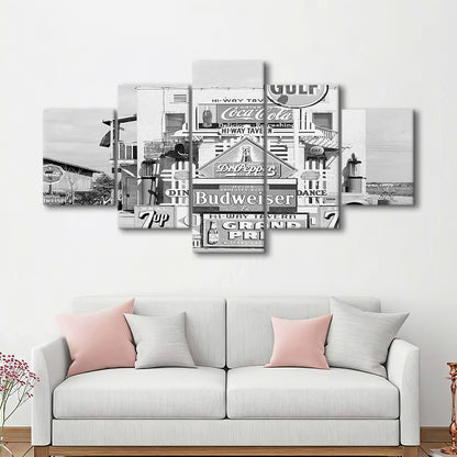 Advertising Sign Black and White Art Gas Station and Restaurant, Mixed 5 Pieces Canvas Print