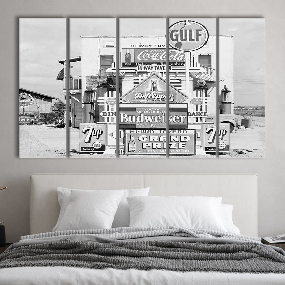 Advertising Sign Black and White Art Gas Station and Restaurant, 5 Pieces Large Canvas Print