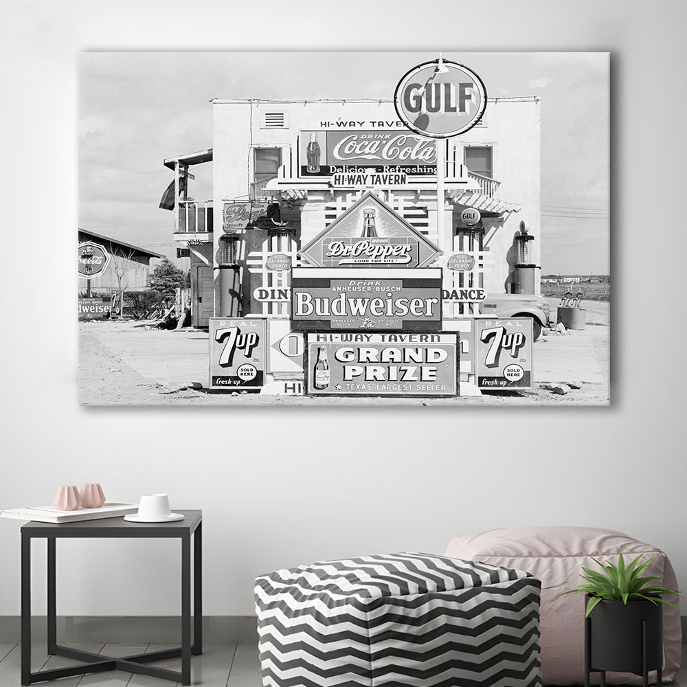 Advertising Sign Black and White Art Gas Station and Restaurant, Canvas Print Wall Art Decor