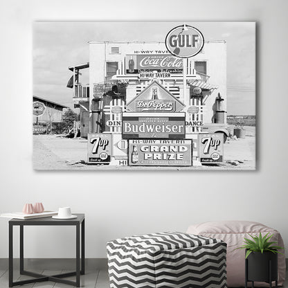 Advertising Sign Black and White Art Gas Station and Restaurant, Canvas Print Wall Art Decor