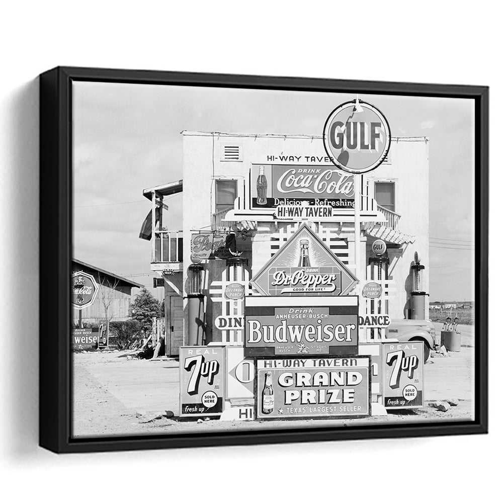 Advertising Sign Black and White Art Gas Station and Restaurant, Floating Framed Canvas Print