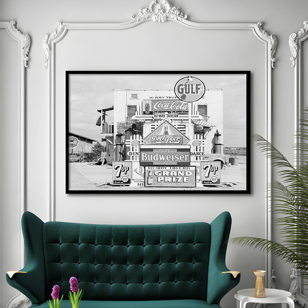 Advertising Sign Black and White Art Gas Station and Restaurant, Framed Art Print Wall Decor