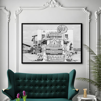Advertising Sign Black and White Art Gas Station and Restaurant, Framed Art Print Wall Decor