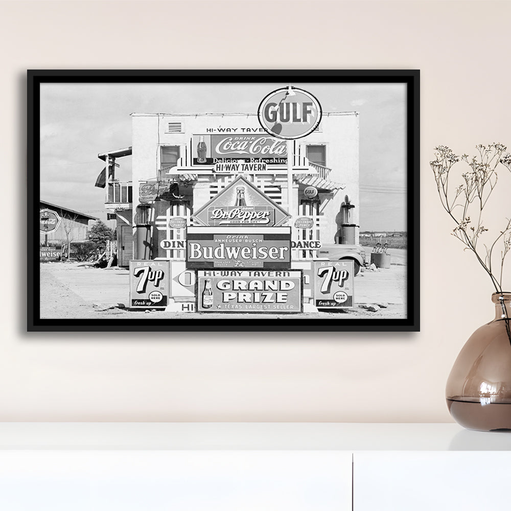 Advertising Sign Black and White Art Gas Station and Restaurant, Floating Framed Canvas Print