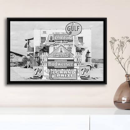 Advertising Sign Black and White Art Gas Station and Restaurant, Floating Framed Canvas Print