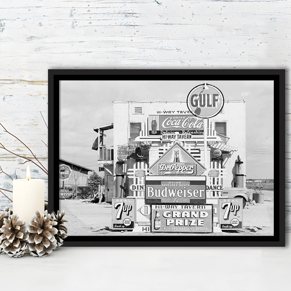 Advertising Sign Black and White Art Gas Station and Restaurant, Floating Framed Canvas Print