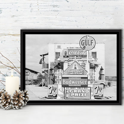 Advertising Sign Black and White Art Gas Station and Restaurant, Floating Framed Canvas Print