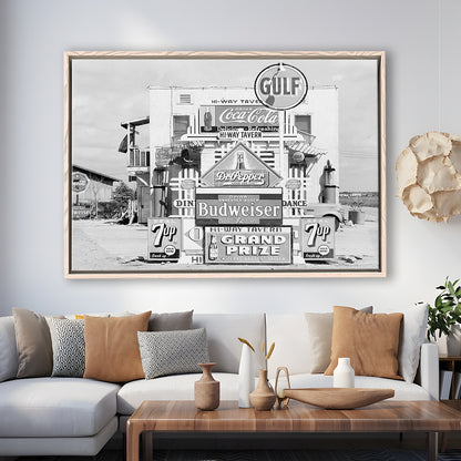 Advertising Sign Black and White Art Gas Station and Restaurant, Floating Framed Canvas Print