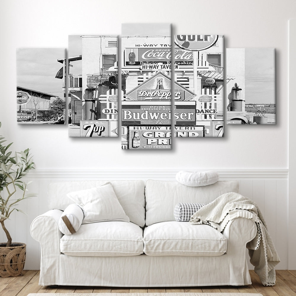 Advertising Sign Black and White Art Gas Station and Restaurant, Mixed 5 Pieces Canvas Print