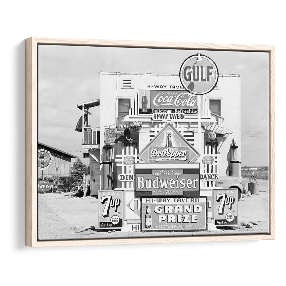 Advertising Sign Black and White Art Gas Station and Restaurant, Floating Framed Canvas Print