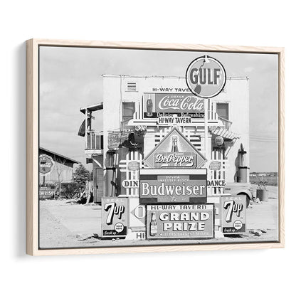 Advertising Sign Black and White Art Gas Station and Restaurant, Floating Framed Canvas Print