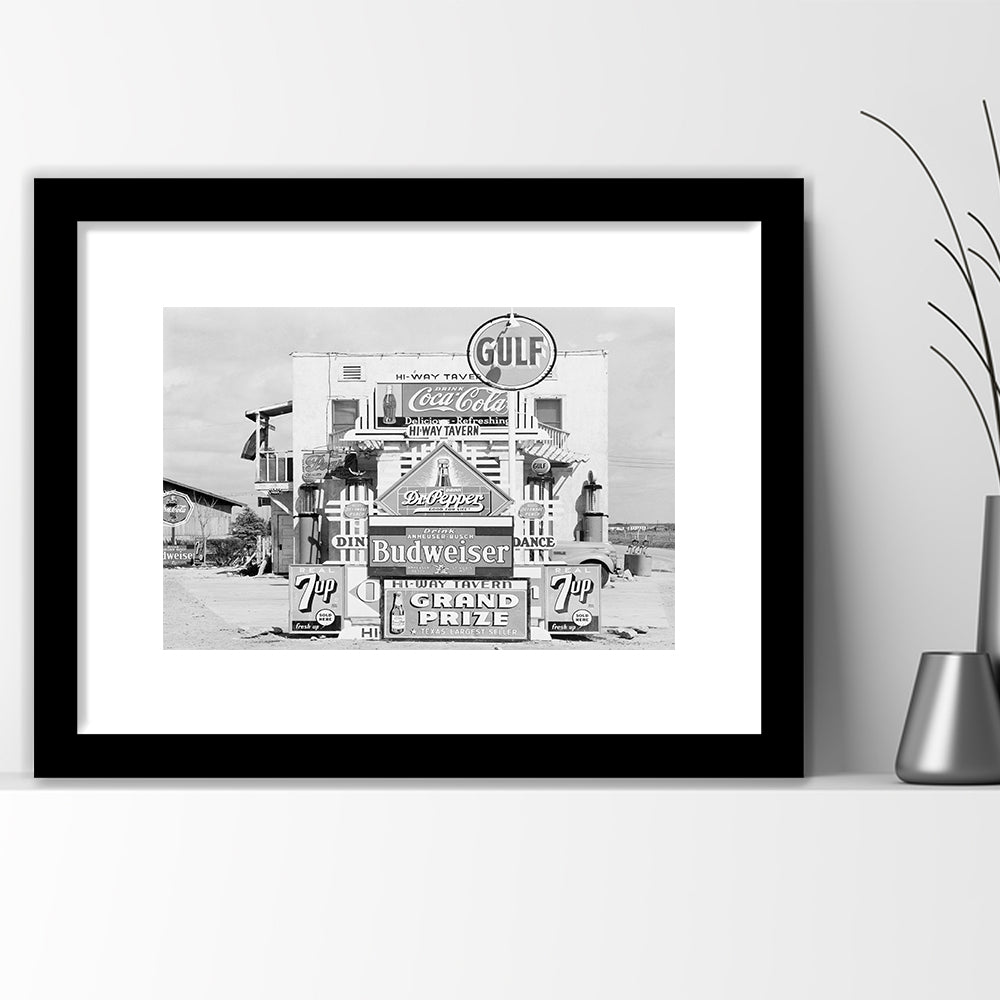 Advertising Sign Black and White Art Gas Station and Restaurant, Framed Art Print White Border Wall Decor