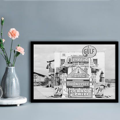 Advertising Sign Black and White Art Gas Station and Restaurant, Framed Art Print Wall Decor