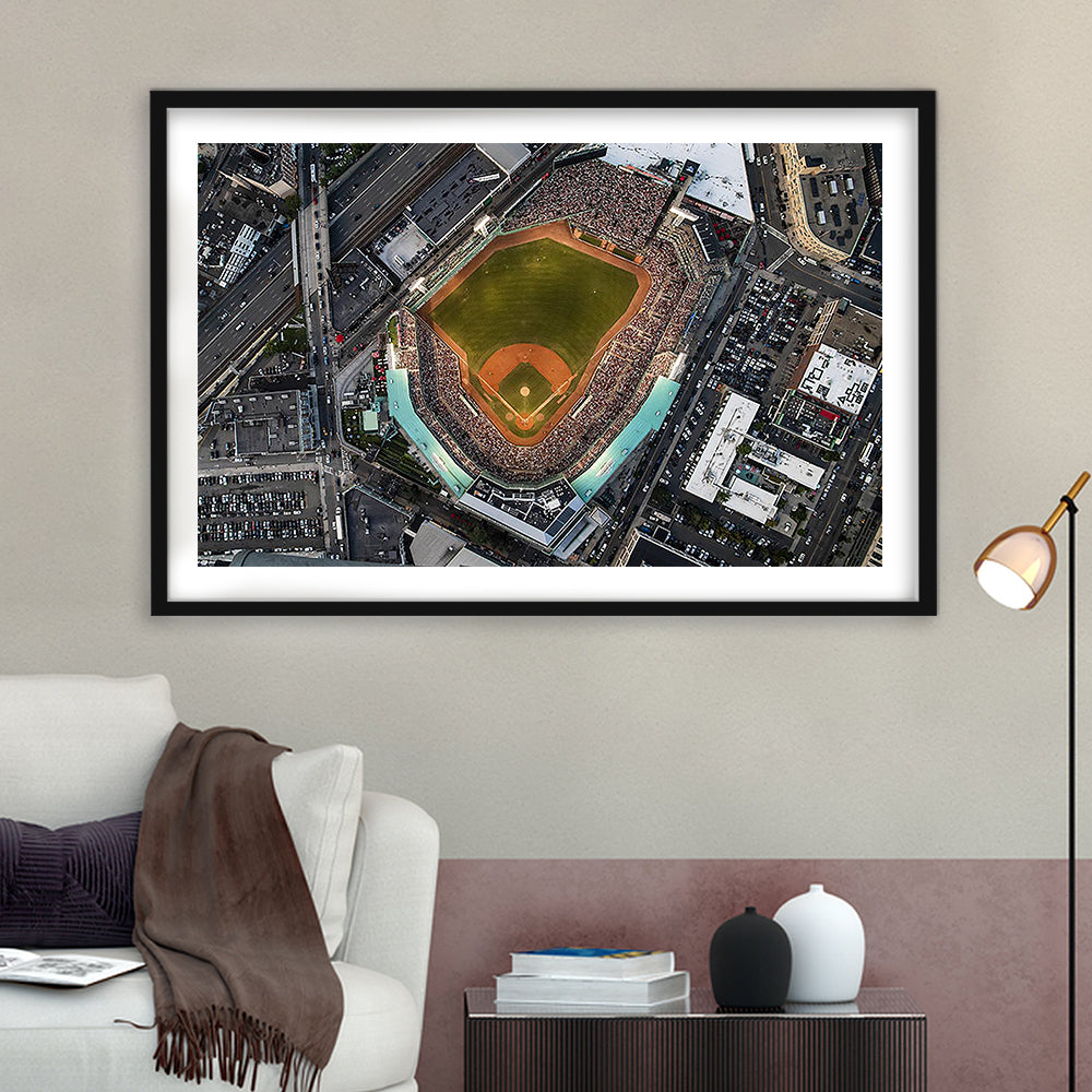 Aerial Fenway Park, Stadium Canvas, Sport Art, Gift for him, White Border Framed Art Print Wall Decor