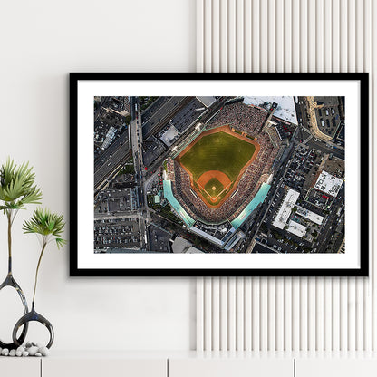 Aerial Fenway Park, Stadium Canvas, Sport Art, Gift for him, White Border Framed Art Print Wall Decor