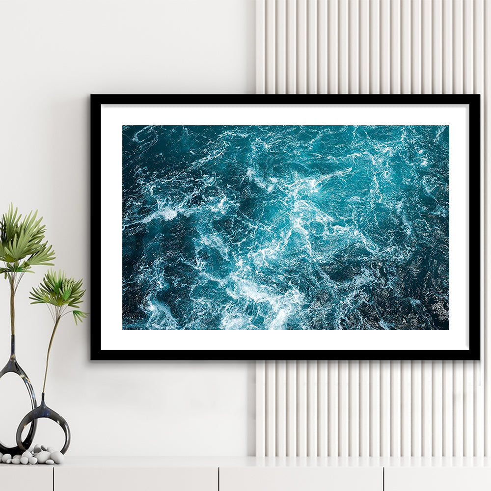 Aerial View Of Ocean Waves Art Print,Captivating Blue Water, Framed Art Print White Border