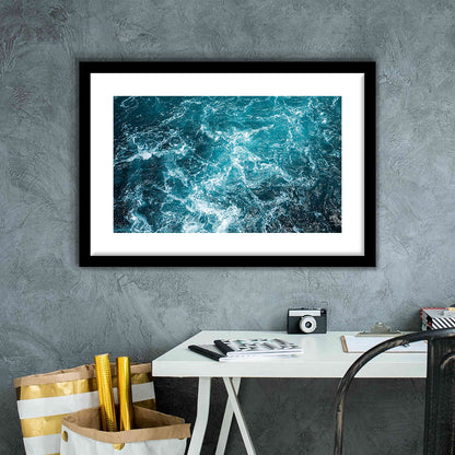 Aerial View Of Ocean Waves Art Print,Captivating Blue Water, Framed Art Print White Border