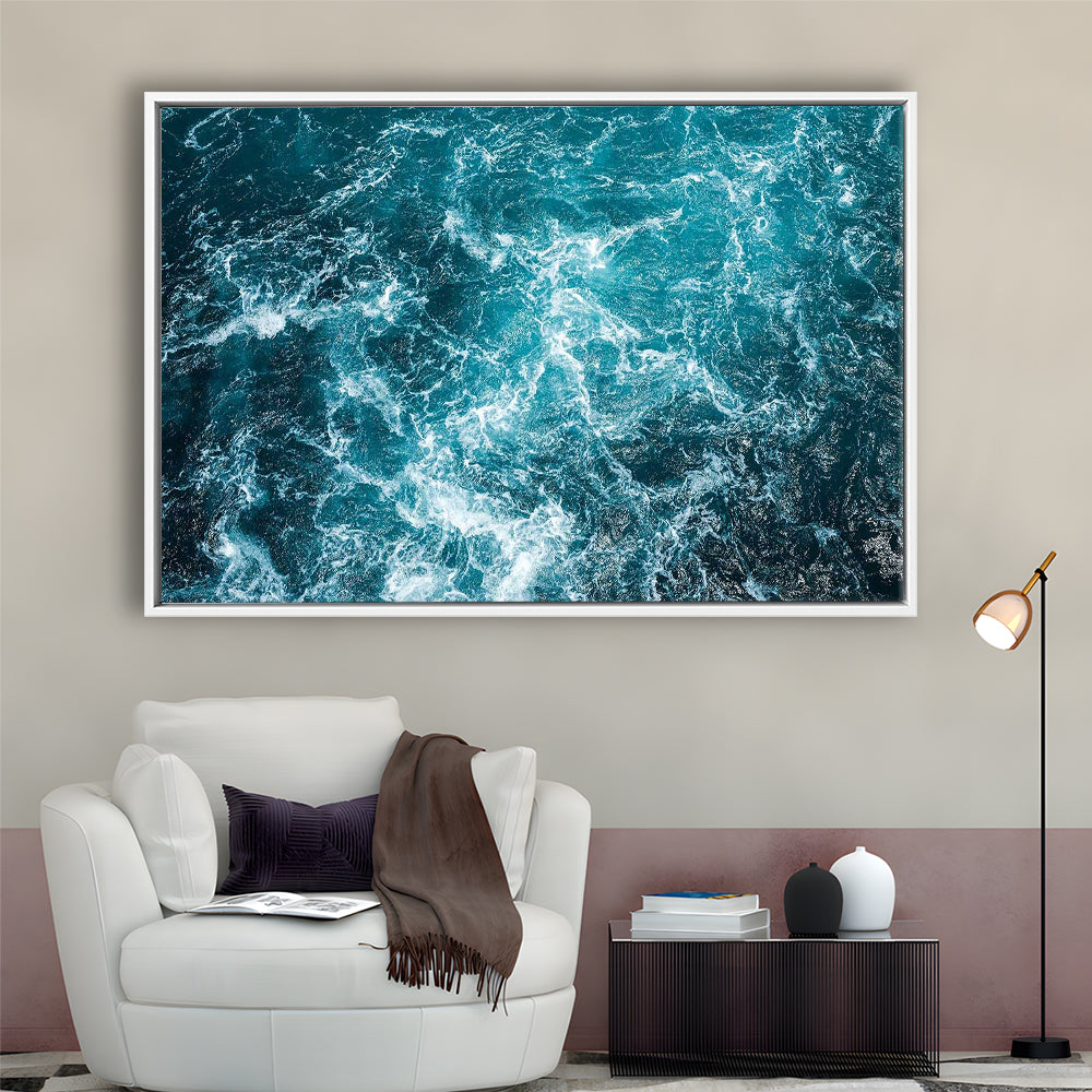 Aerial View Of Ocean Waves Canvas Print,Captivating Blue Water, Framed Cavas Print, Floating Frame