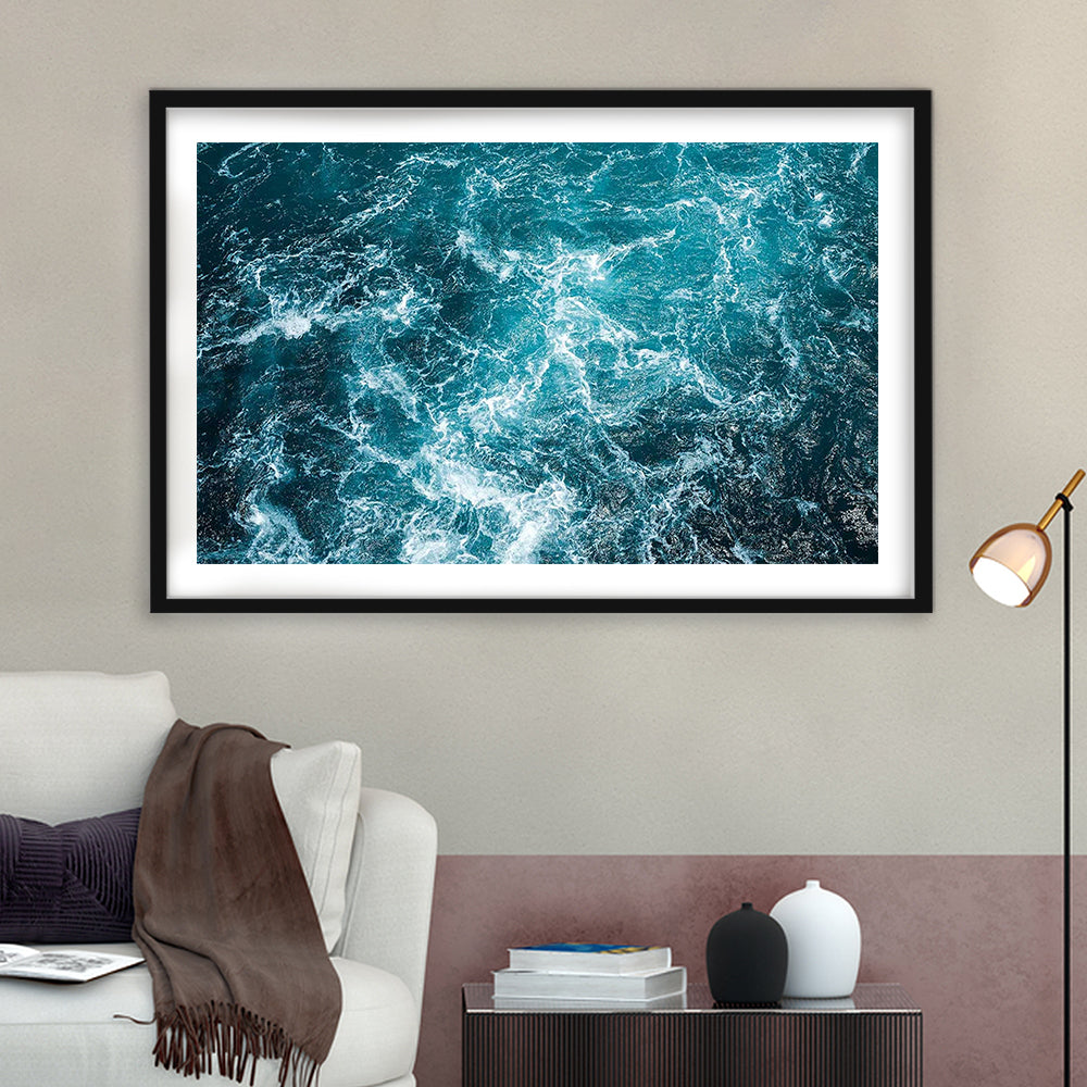 Aerial View Of Ocean Waves Art Print,Captivating Blue Water, Framed Art Print White Border
