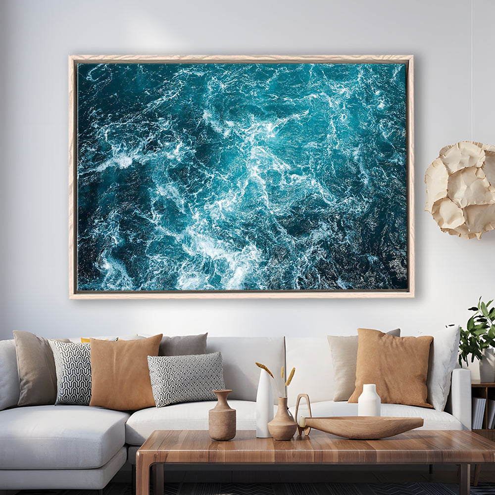 Aerial View Of Ocean Waves Canvas Print,Captivating Blue Water, Framed Cavas Print, Floating Frame