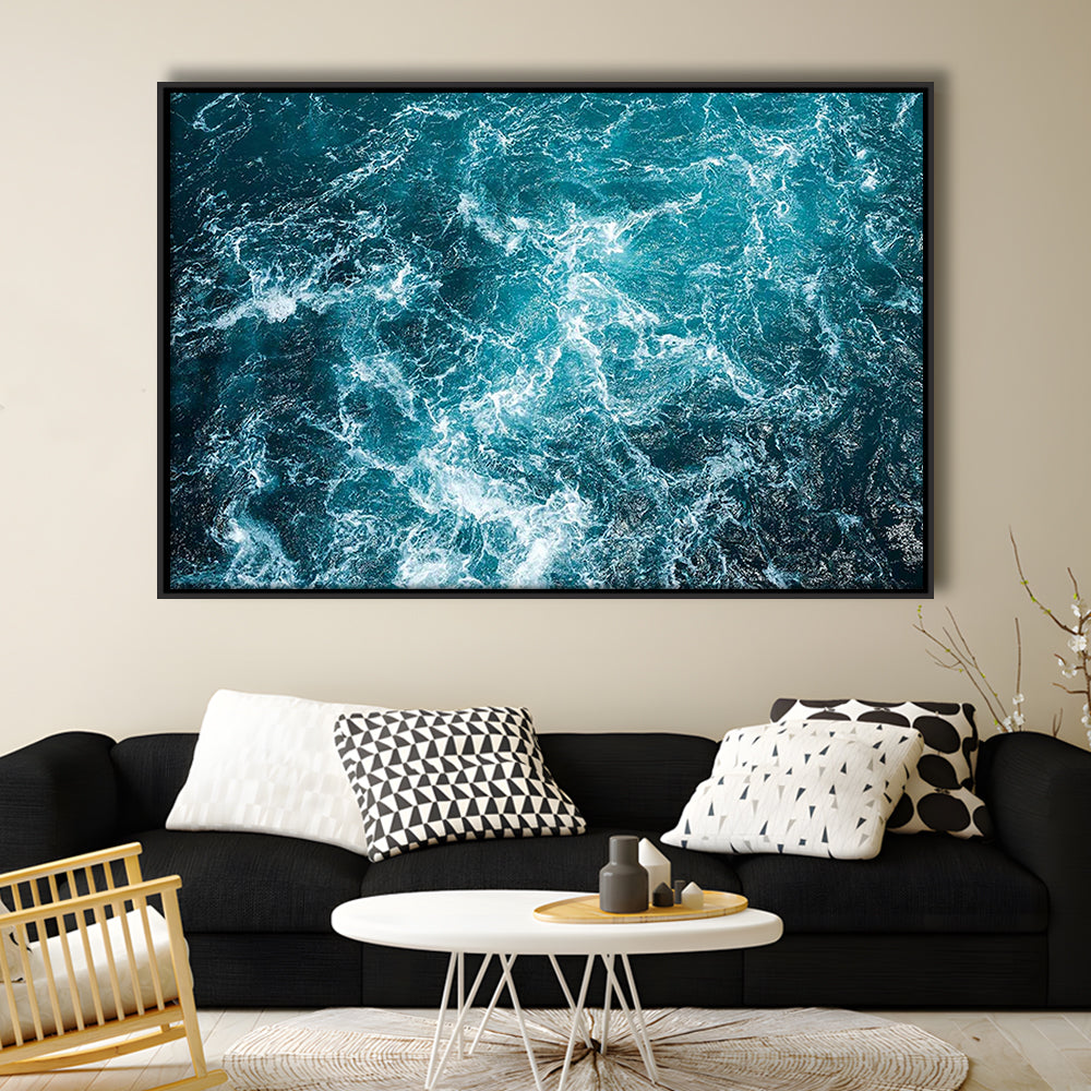 Aerial View Of Ocean Waves Canvas Print,Captivating Blue Water, Framed Cavas Print, Floating Frame