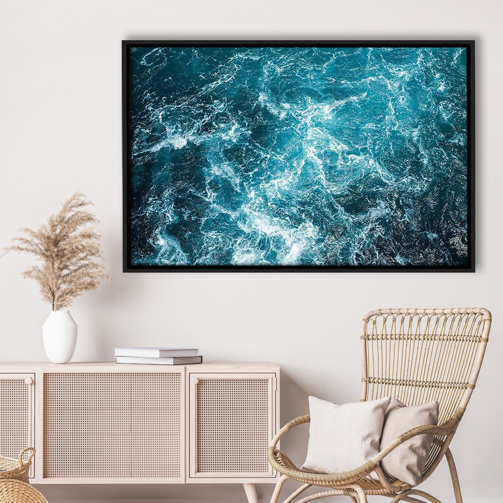 Aerial View Of Ocean Waves Canvas Print,Captivating Blue Water, Framed Cavas Print, Floating Frame
