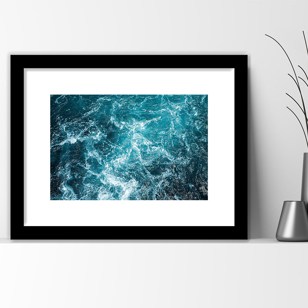 Aerial View Of Ocean Waves Art Print,Captivating Blue Water, Framed Art Print White Border