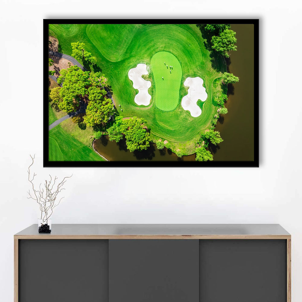 Aerial View Of Green Golf Course In Summer, Framed Art Print Wall Decor, Picture Framed