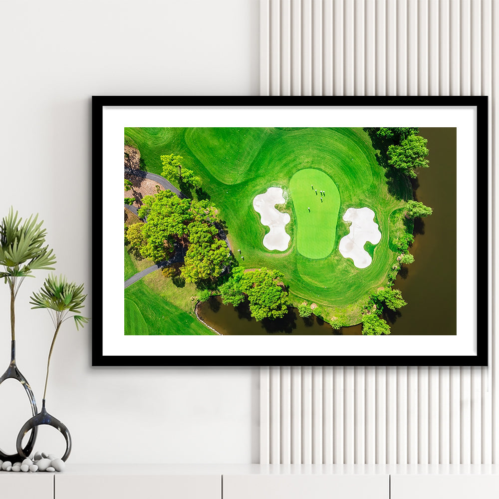 Aerial View Of Green Golf Course In Summer, Goft Art Print, Framed Art Print White Border Wall Decor