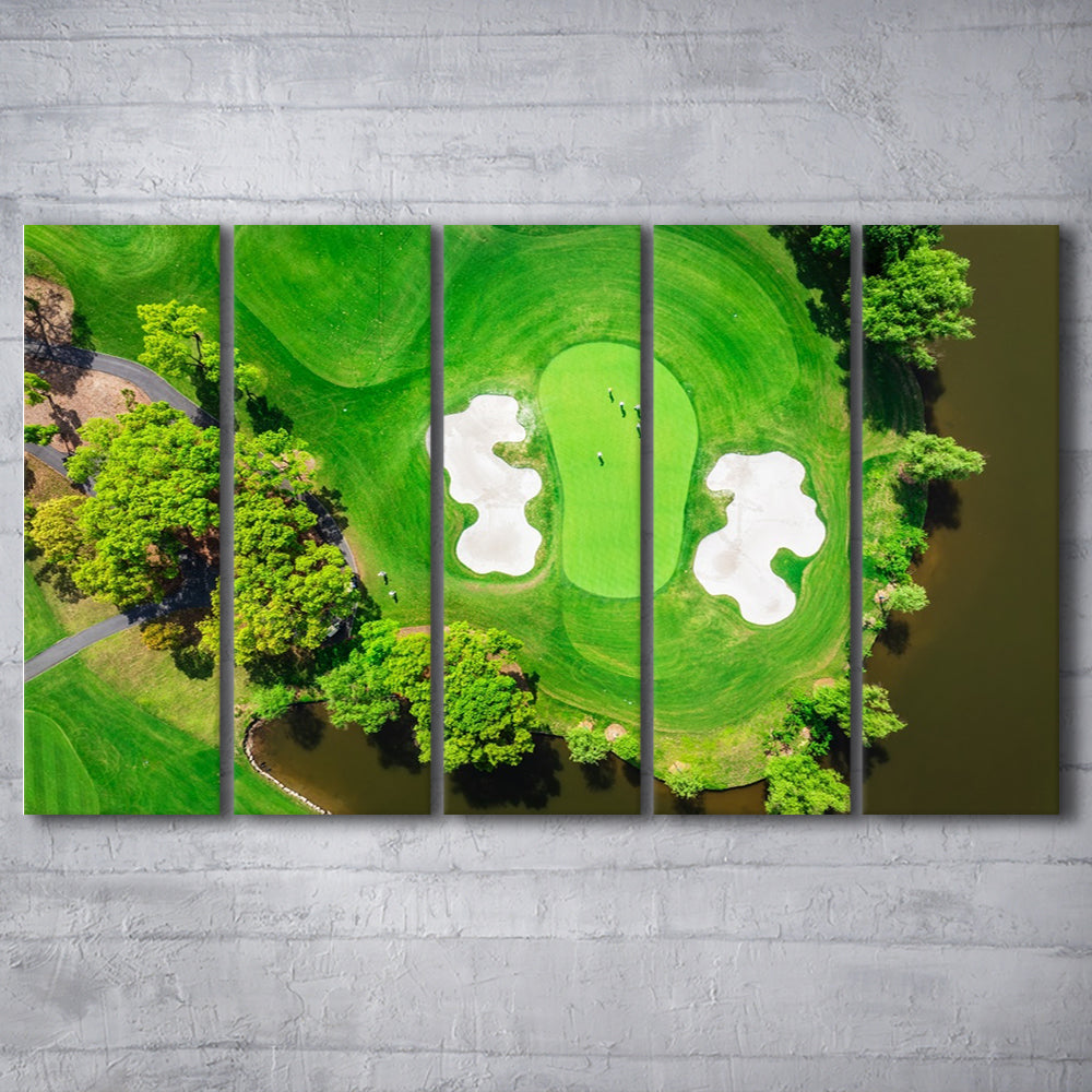 Aerial View Of Green Golf Course In Summer, Golf Art Print, Extra Large Canvas Print Wall Art