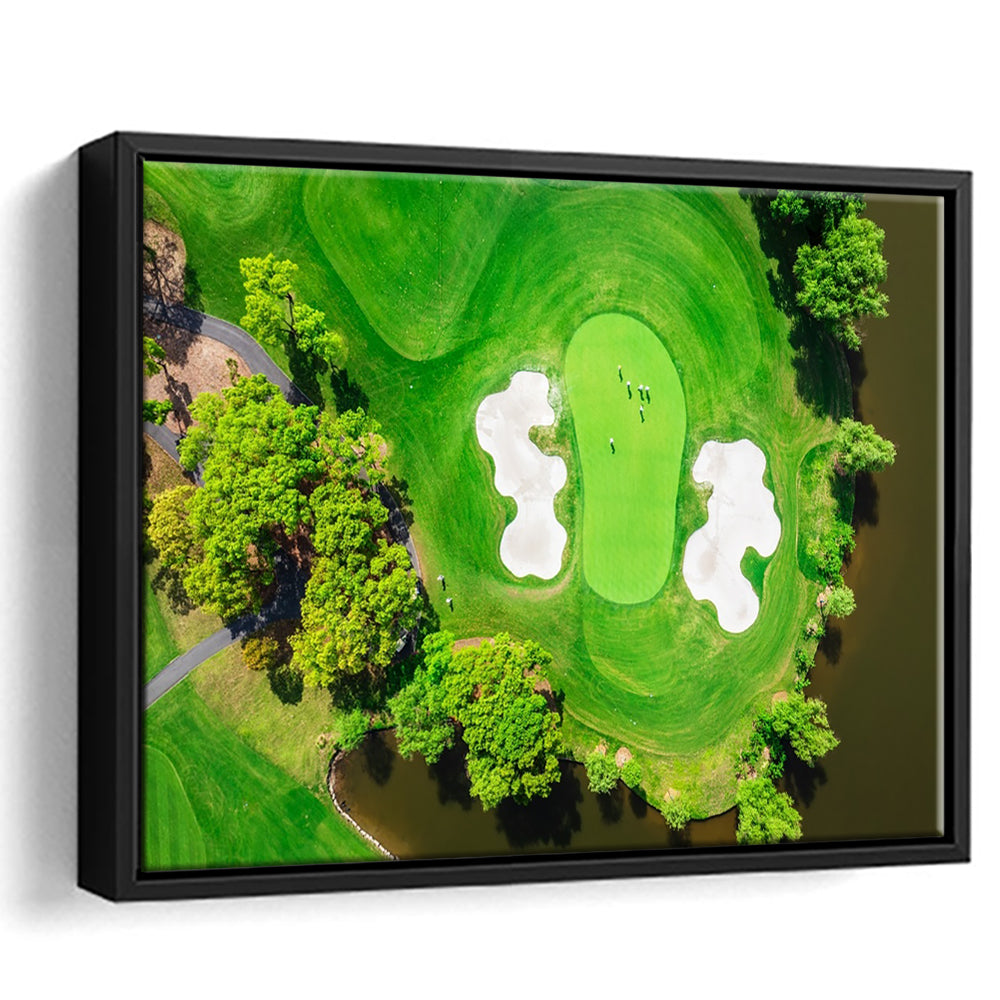 Aerial View Of Green Golf Course In Summer, Floating Framed Canvas Print Wall Art
