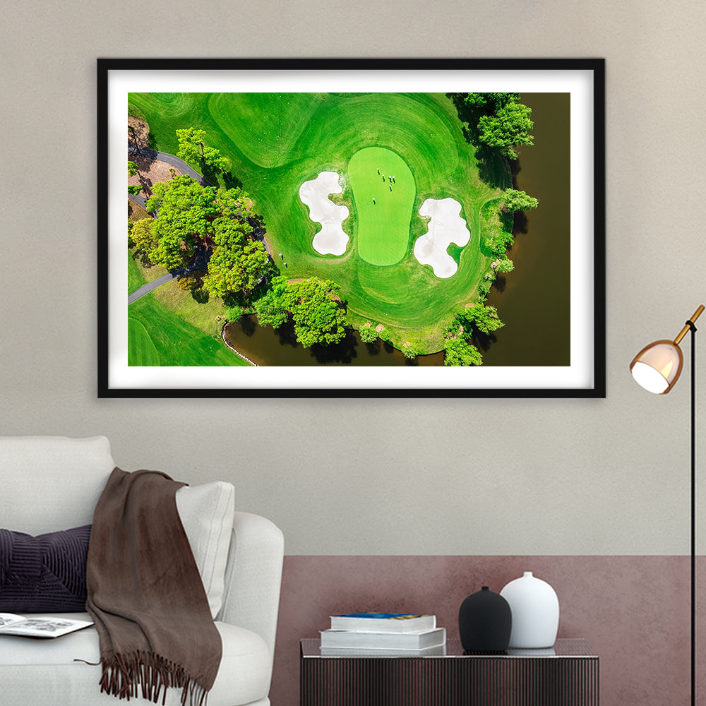 Aerial View Of Green Golf Course In Summer, Goft Art Print, Framed Art Print White Border Wall Decor