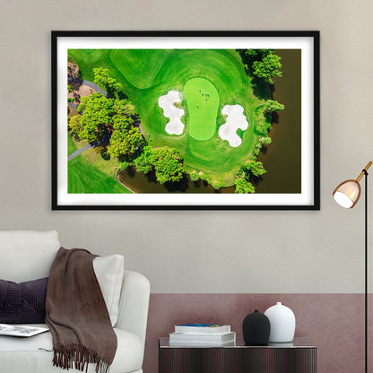Aerial View Of Green Golf Course In Summer, Goft Art Print, Framed Art Print White Border Wall Decor