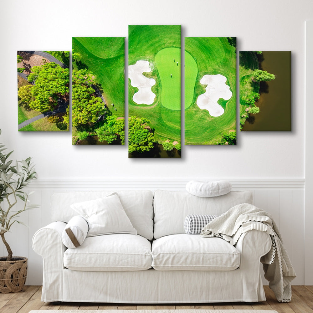 Aerial View Of Green Golf Course In Summer, Golf Art Print, 5 Pieces Mixed Canvas Print Wall Art